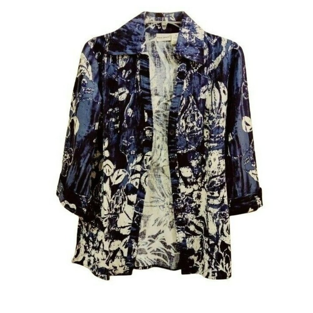 Harve Benard Women's Small Blue and White Hawaiian 3/4 Sleeve Linen/Cotton